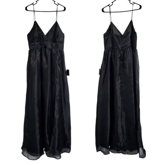 NWT Lulu's Black Satin Strappy Maxi High Slit Dress - XL - Picture 1 of 8